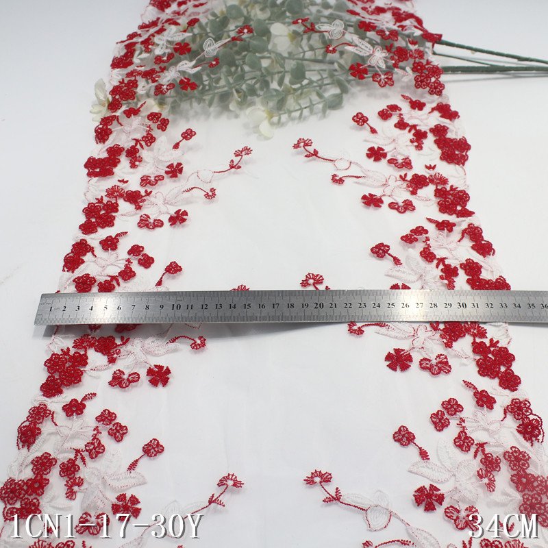 Wholesale factory price Red Flowers 34CM white mesh Embroidery Lace Trim for Ladies' Sexy Lingerie