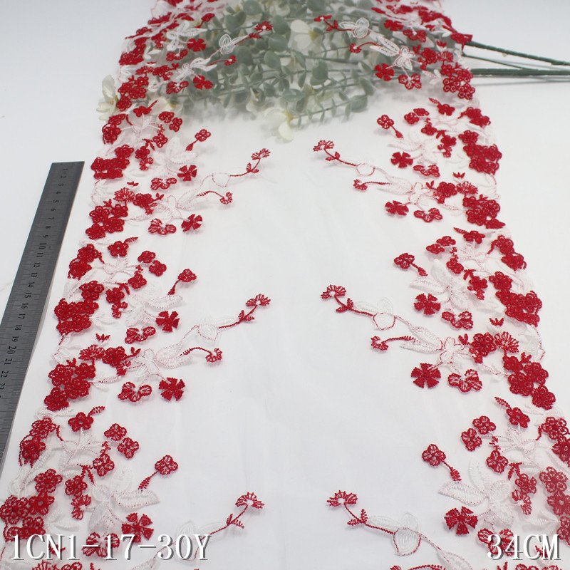 Wholesale factory price Red Flowers 34CM white mesh Embroidery Lace Trim for Ladies' Sexy Lingerie