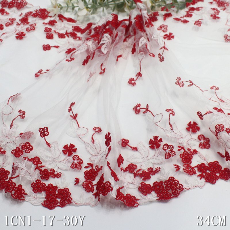 Wholesale factory price Red Flowers 34CM white mesh Embroidery Lace Trim for Ladies' Sexy Lingerie