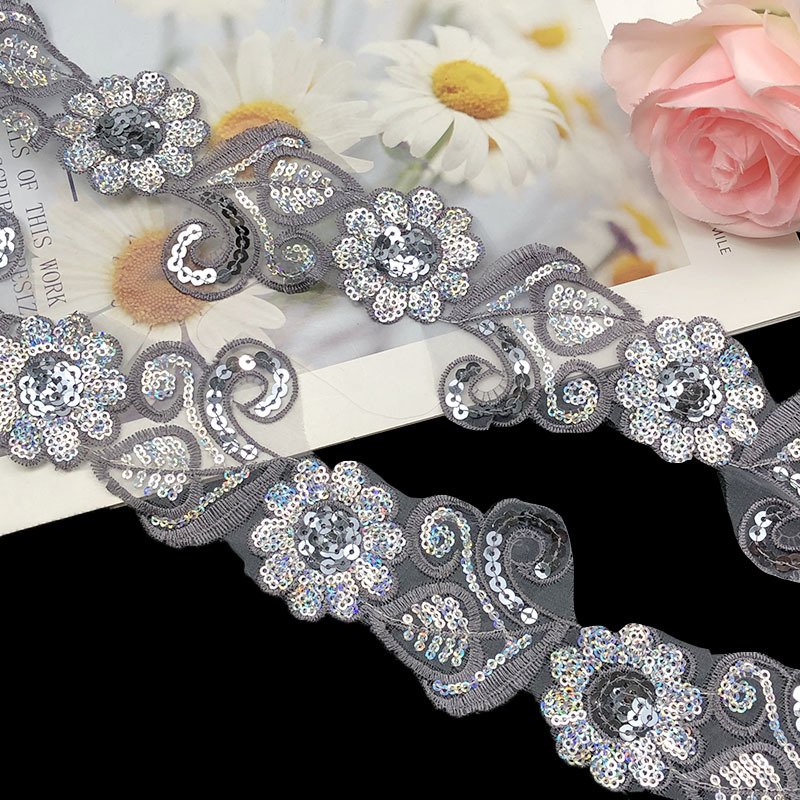 Luxury African flower border Lace 3D Gold Flower Lace Trimming Fabric with Sequin For Wedding Bridal Dress garment T-ZB04