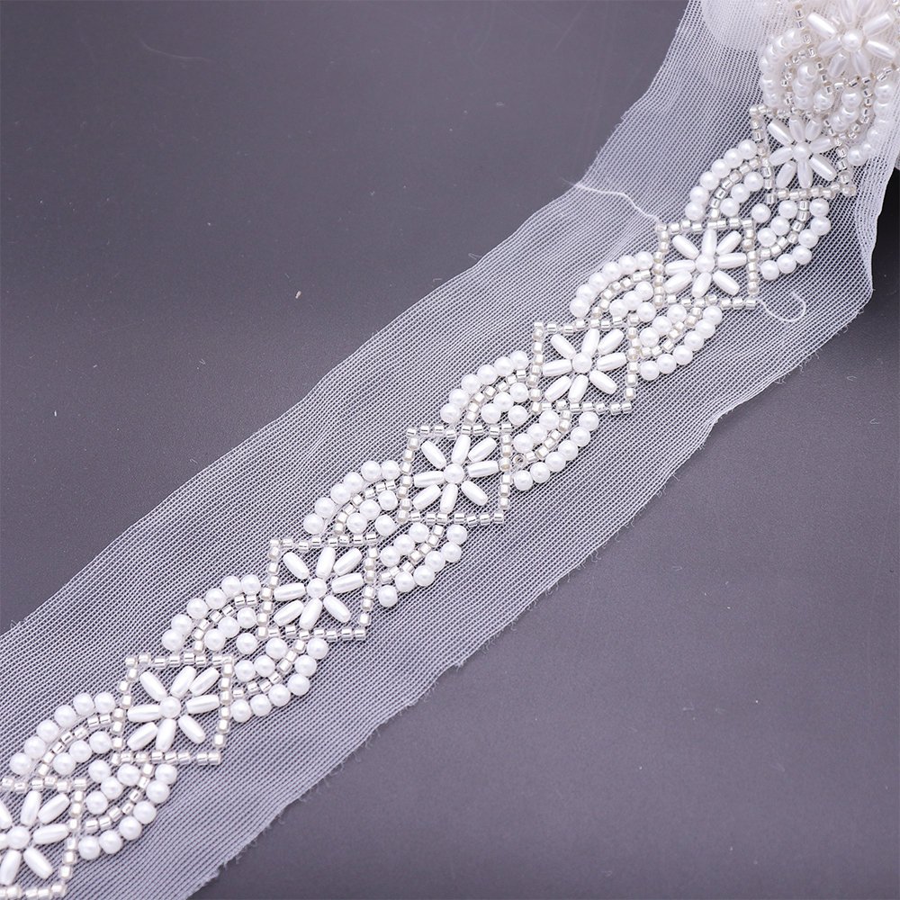 New Design Wedding Dress Decoration Mesh Pearls Lace Embroidery Trim Beaded Embroidery Lace Trim