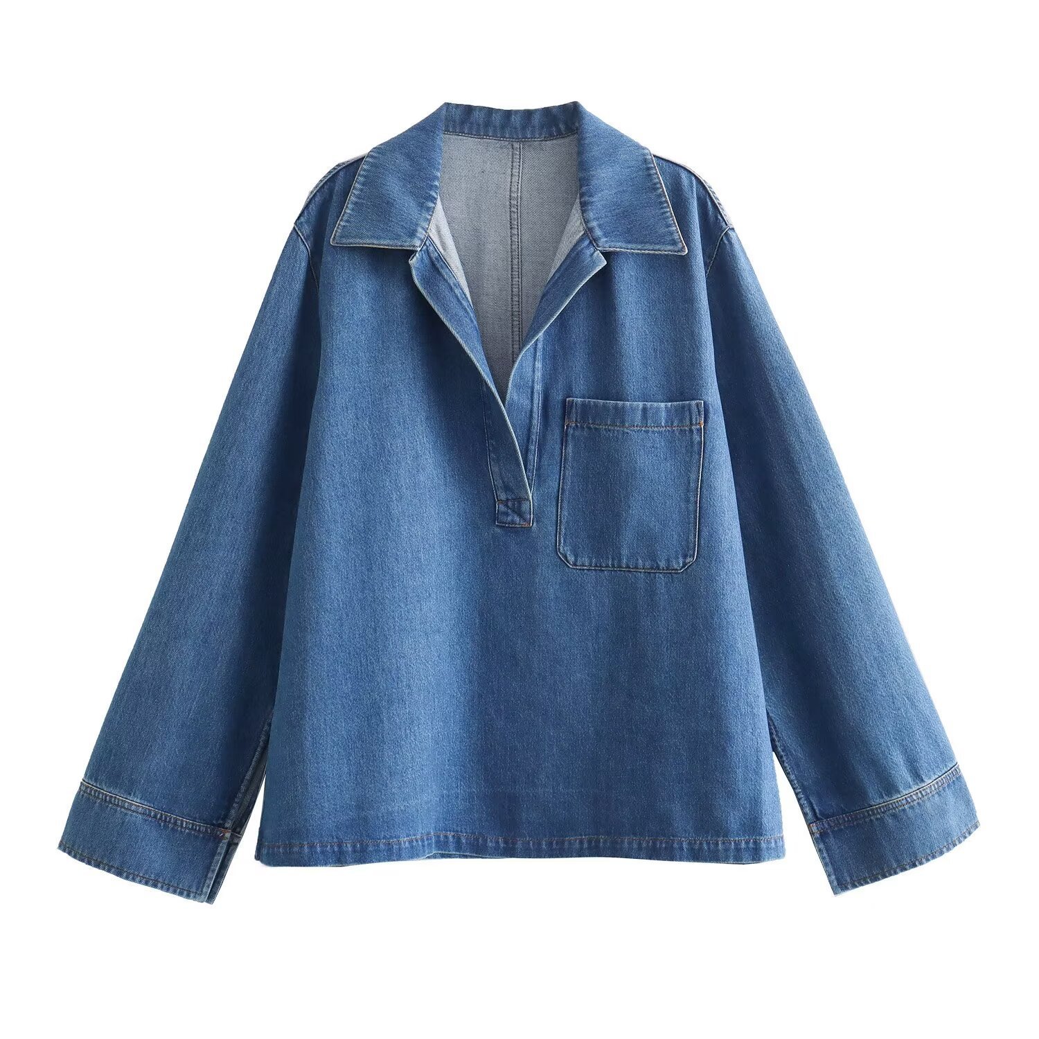 Women's Chic Vintage 2024 Spring New Fashion Breathable Denim Long Sleeve Blouses Pocket Trim Woven Short Casual Style Clothing