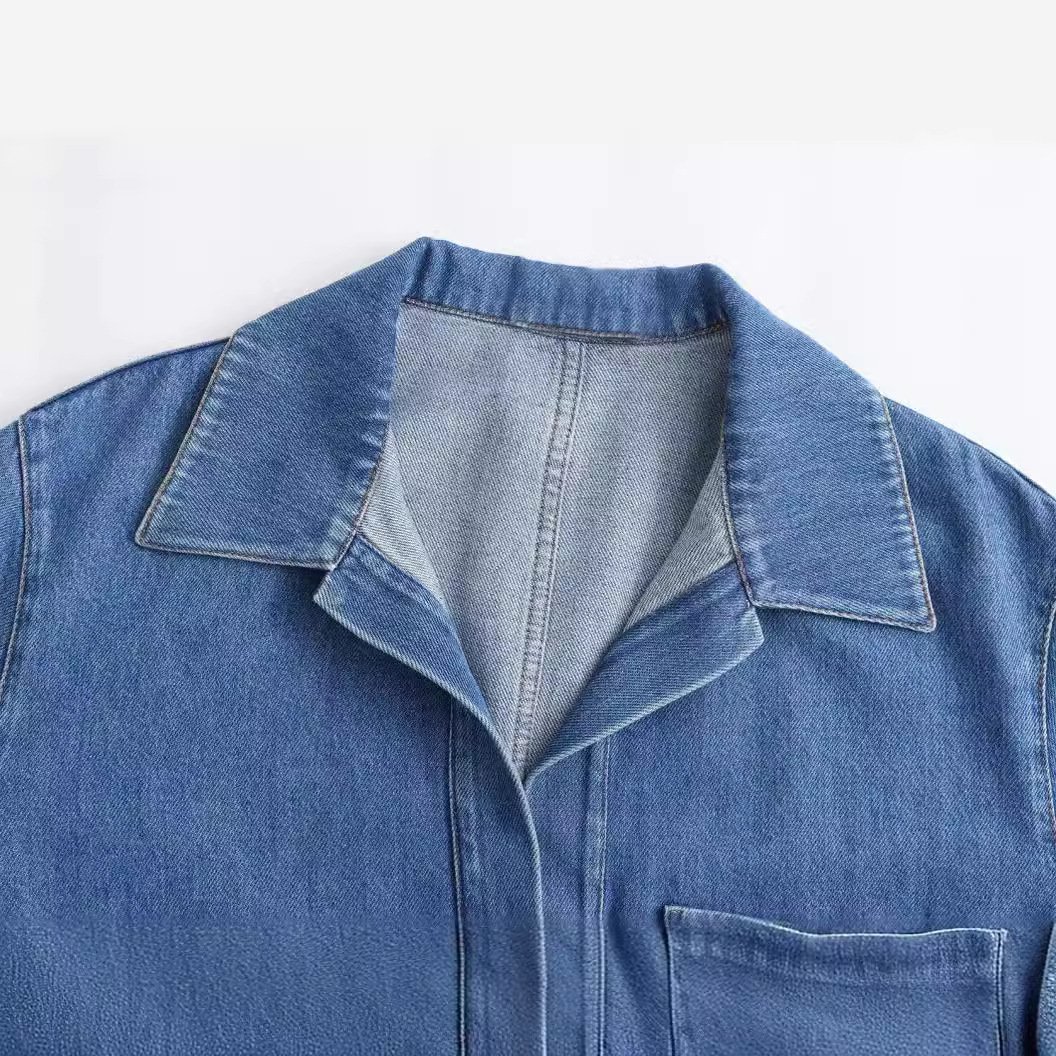 Women's Chic Vintage 2024 Spring New Fashion Breathable Denim Long Sleeve Blouses Pocket Trim Woven Short Casual Style Clothing