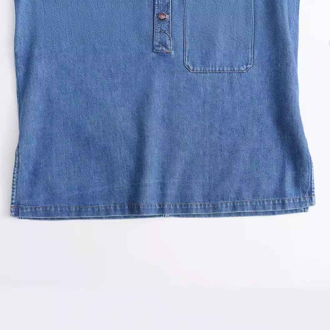 Women's Chic Vintage 2024 Spring New Fashion Breathable Denim Long Sleeve Blouses Pocket Trim Woven Short Casual Style Clothing