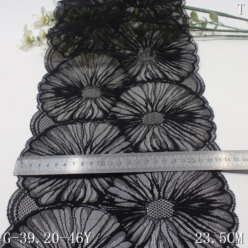 Wholesale big flower design 23CM black Nylon Spandex Stretch Lace Elastic Spandex jacquard Lace trim for women