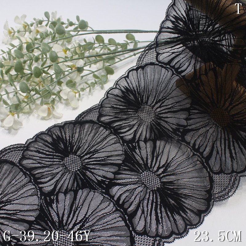 Wholesale big flower design 23CM black Nylon Spandex Stretch Lace Elastic Spandex jacquard Lace trim for women