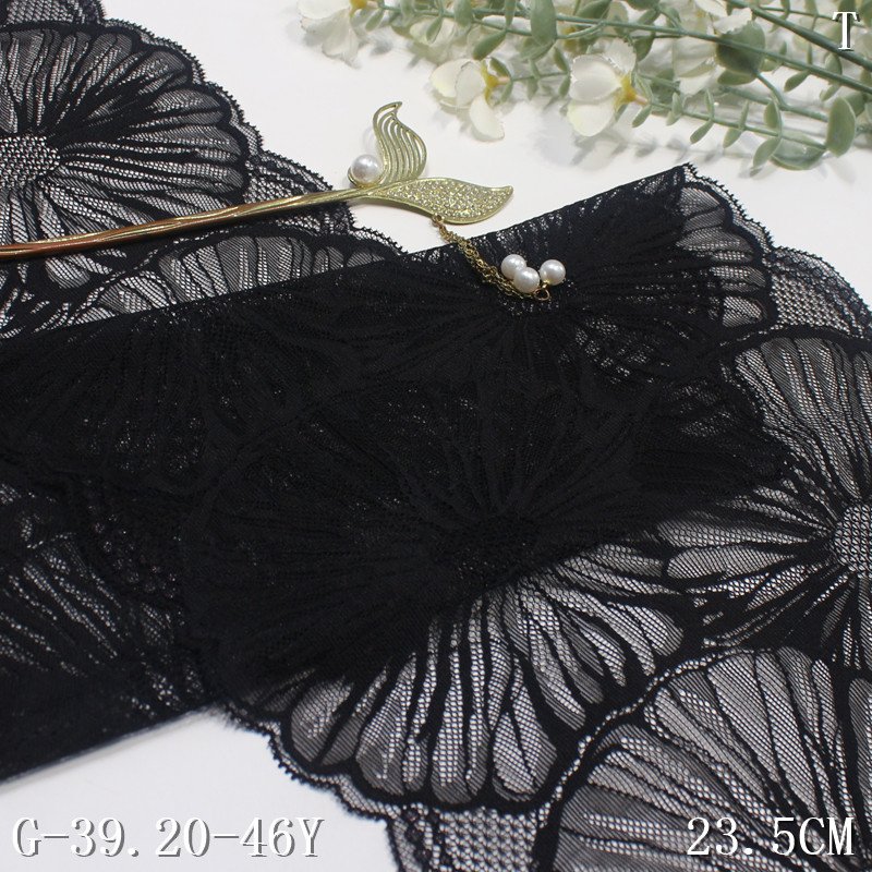Wholesale big flower design 23CM black Nylon Spandex Stretch Lace Elastic Spandex jacquard Lace trim for women