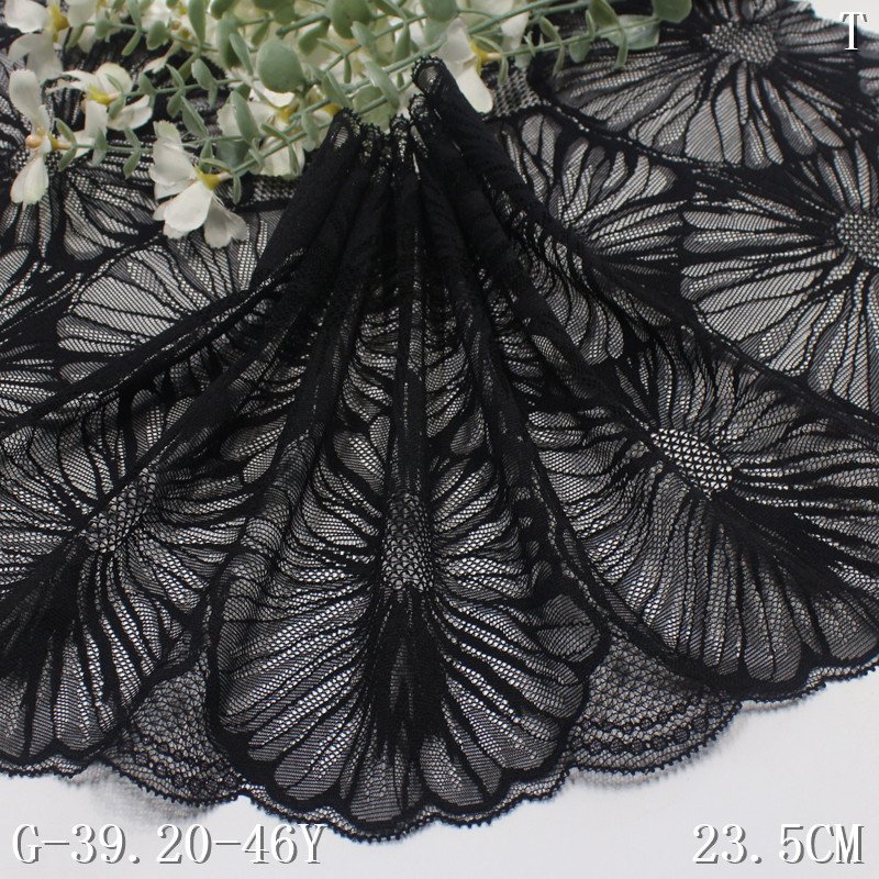 Wholesale big flower design 23CM black Nylon Spandex Stretch Lace Elastic Spandex jacquard Lace trim for women