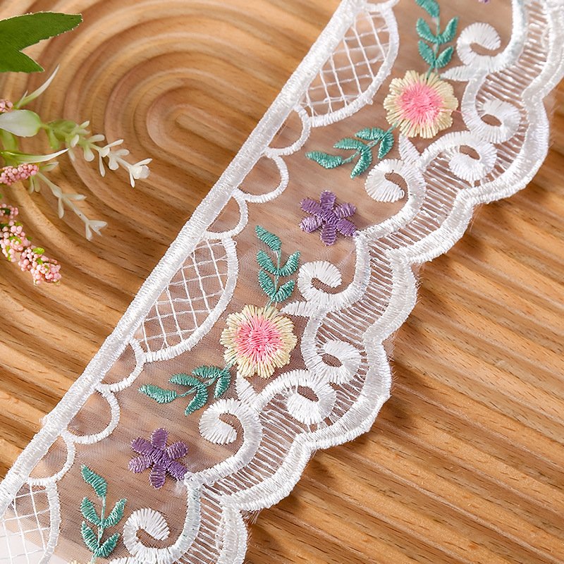 width 7 cm Glass Yarn embroidery Lace Trimming colorful Polyester flowers Lace ribbon for Butterfly Knot curtain dress