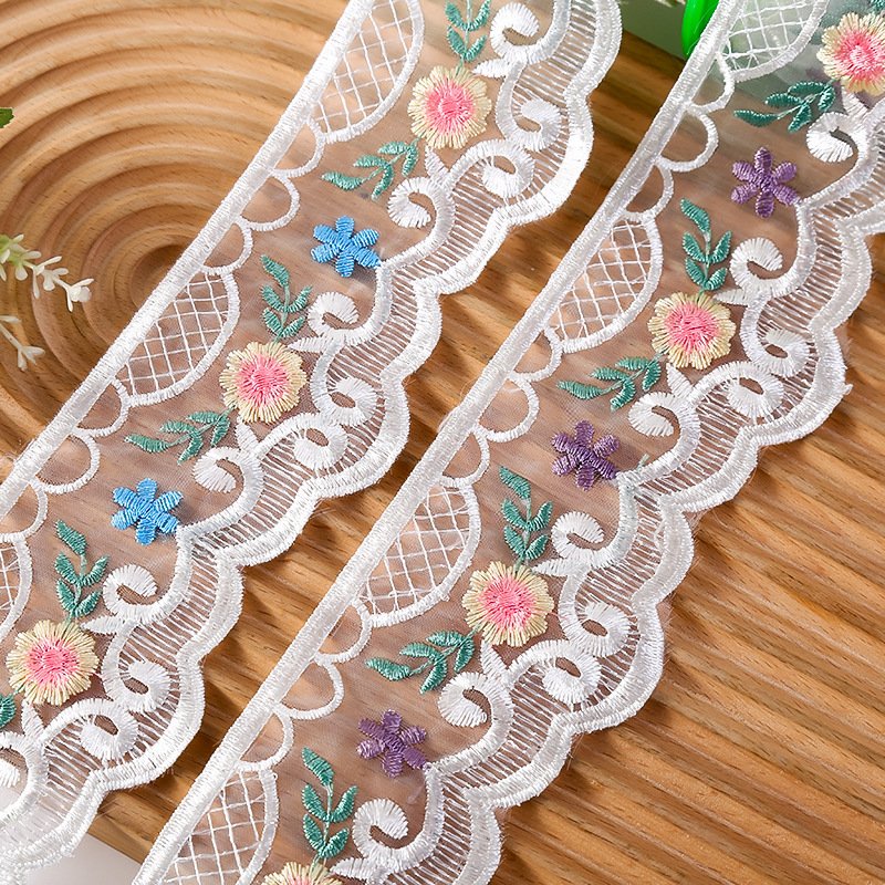 width 7 cm Glass Yarn embroidery Lace Trimming colorful Polyester flowers Lace ribbon for Butterfly Knot curtain dress