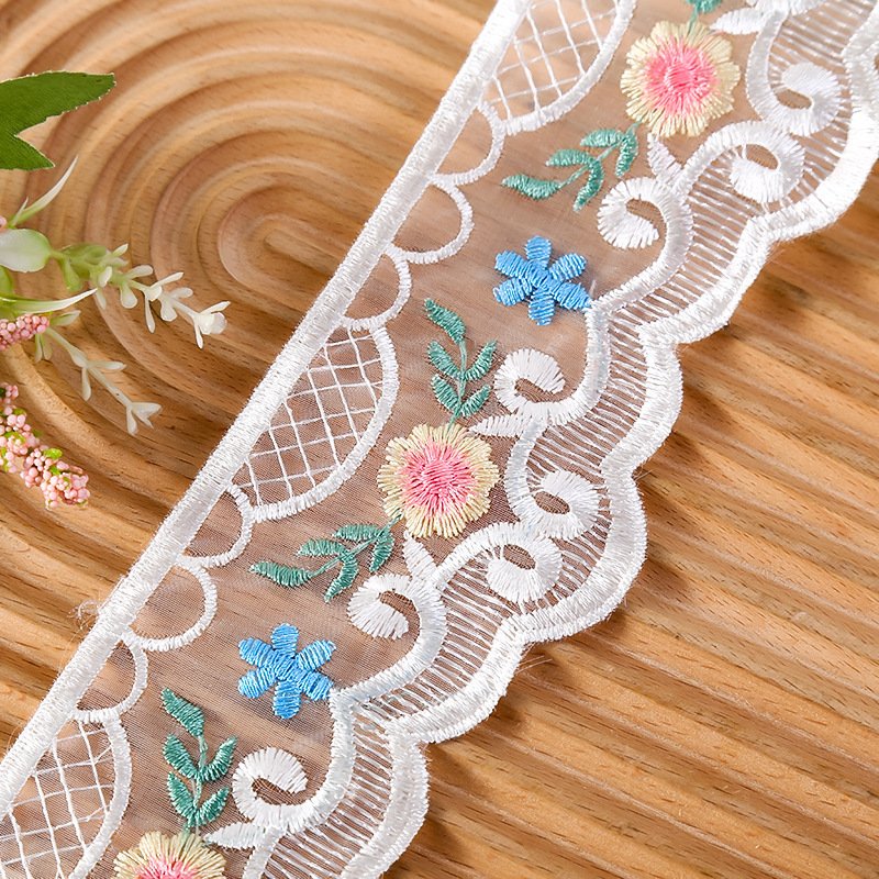 width 7 cm Glass Yarn embroidery Lace Trimming colorful Polyester flowers Lace ribbon for Butterfly Knot curtain dress