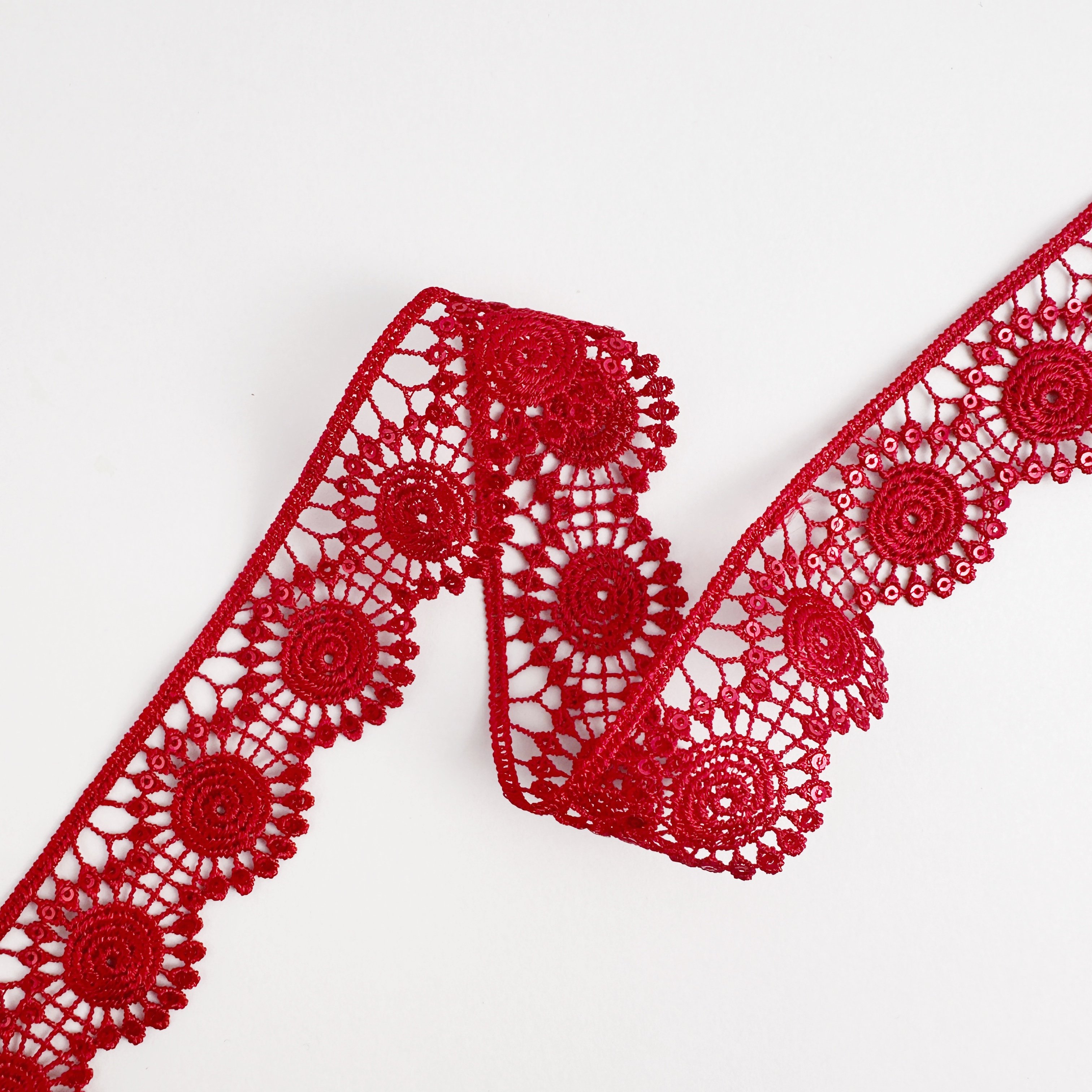Wholesale Importer Guipure Red Sequin Fabric Lace Trimming Border Embroidery