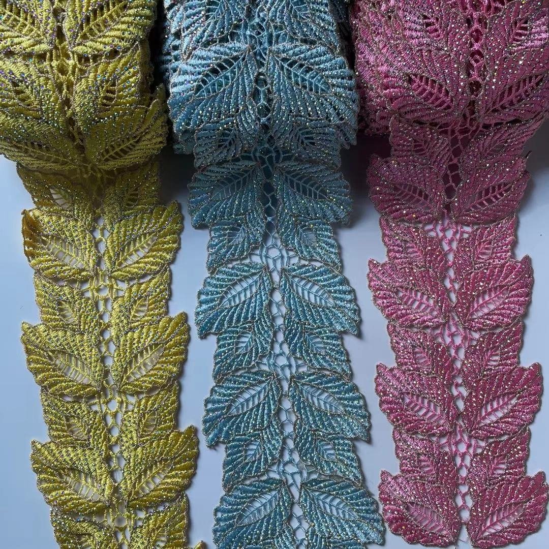 Leaf shape 3D new design multicolor rose rhinestone applique flower embroidery lace trim
