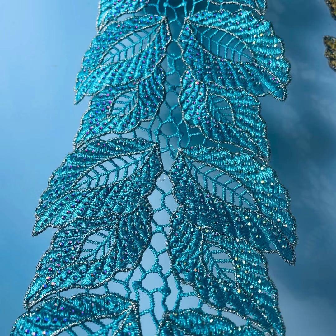 Leaf shape 3D new design multicolor rose rhinestone applique flower embroidery lace trim