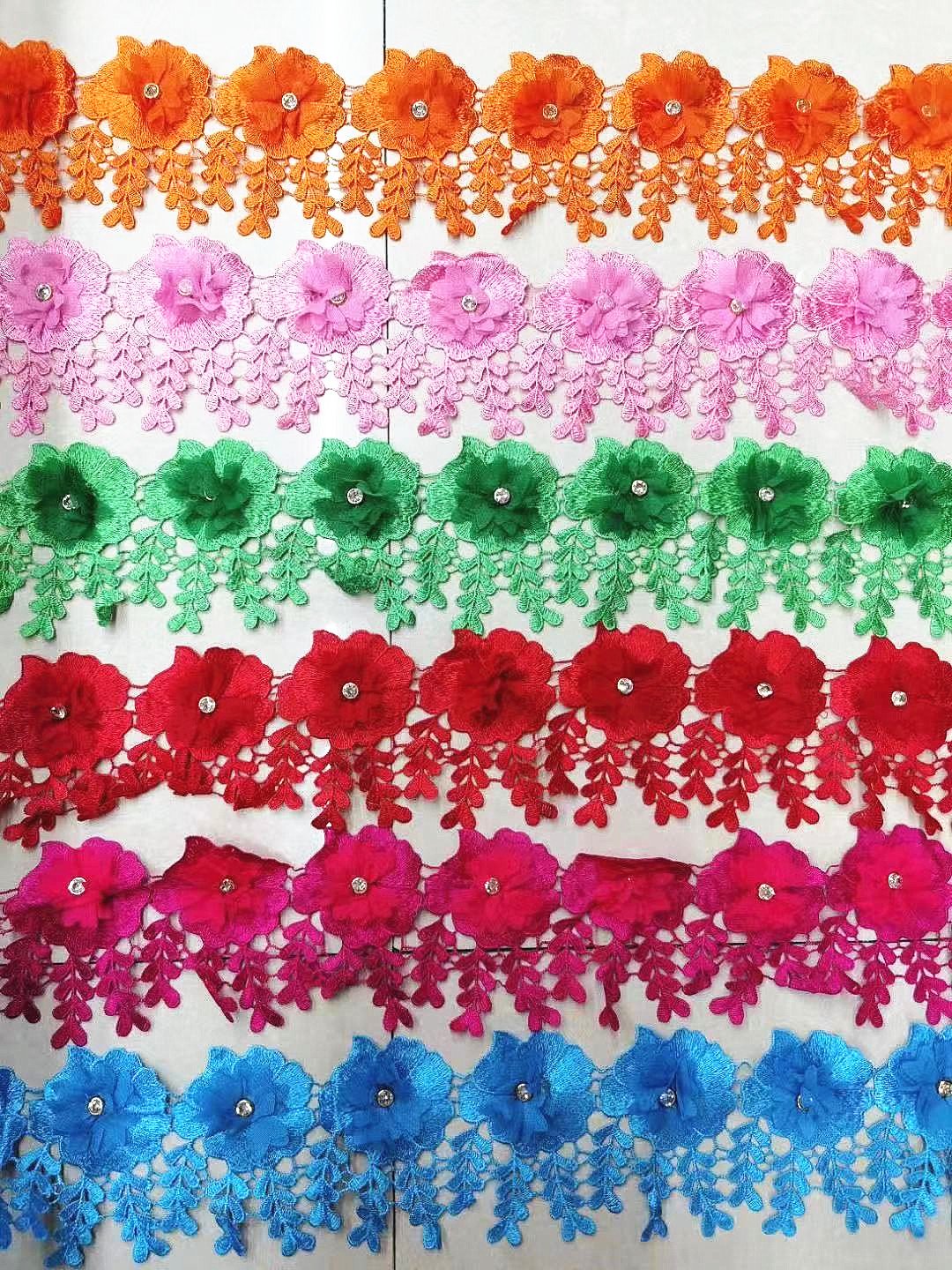 colorful 3D embroidery Lace with Pearl Beads Rhinestone Lace Trim Flower Tassels Lace hot sale