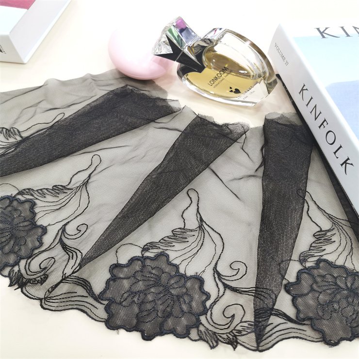 High Quality Fashion 22cm wide Embroidered Flower Black mesh Lace trim for women lingerie underwear
