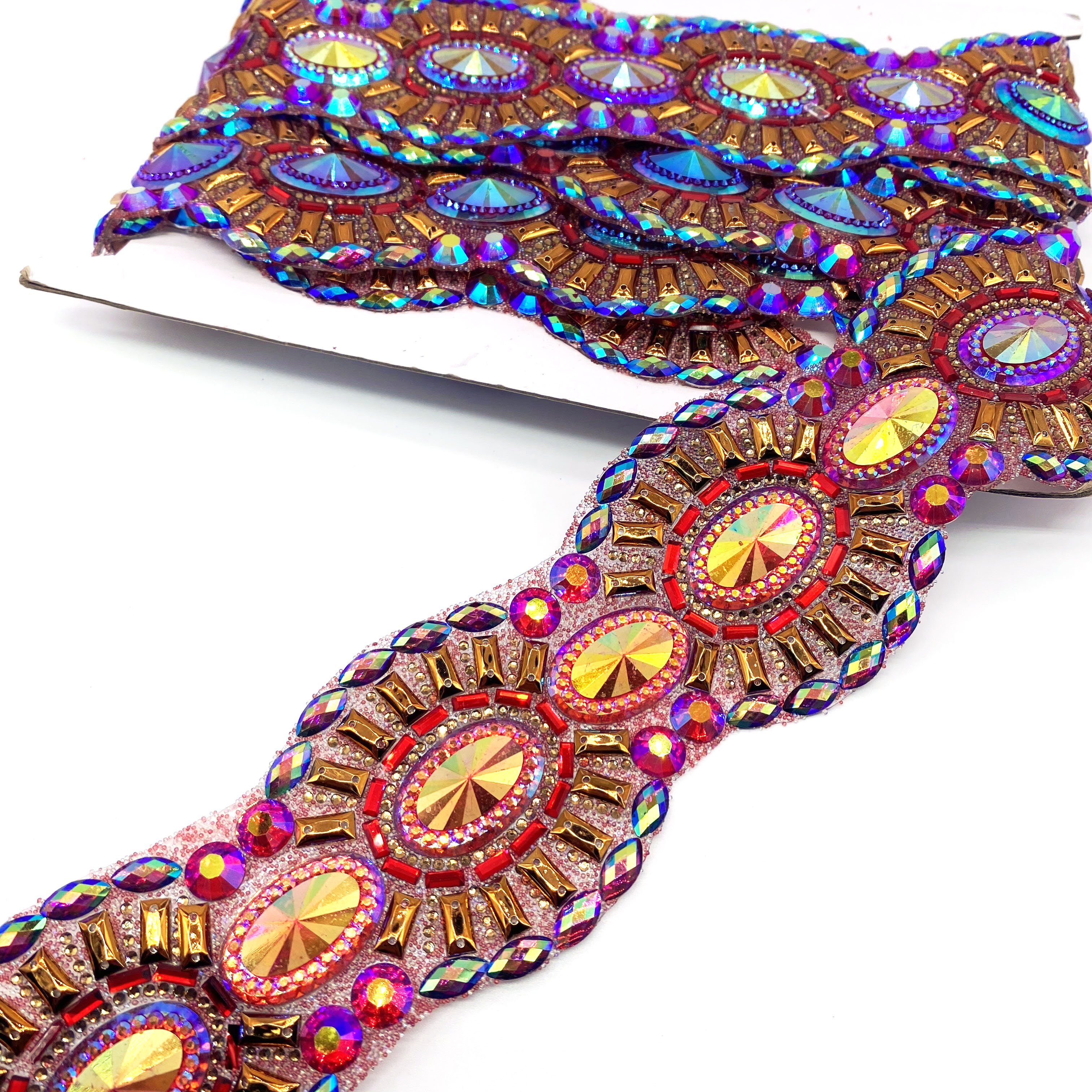 wholesale custom carnival dress belt Bar decoration large red AB Iron on hot fix rhinestone trimming for clothes accessories