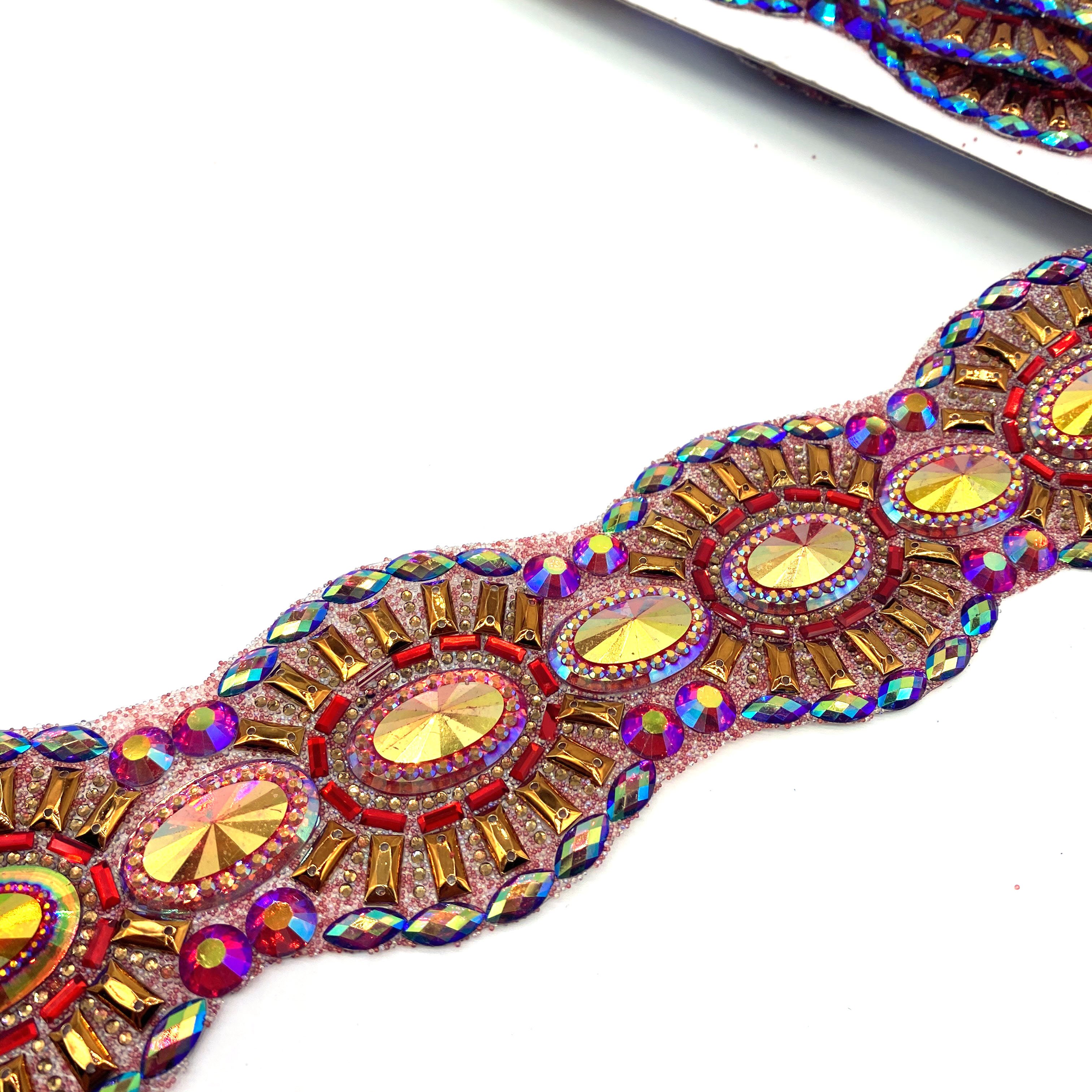 wholesale custom carnival dress belt Bar decoration large red AB Iron on hot fix rhinestone trimming for clothes accessories