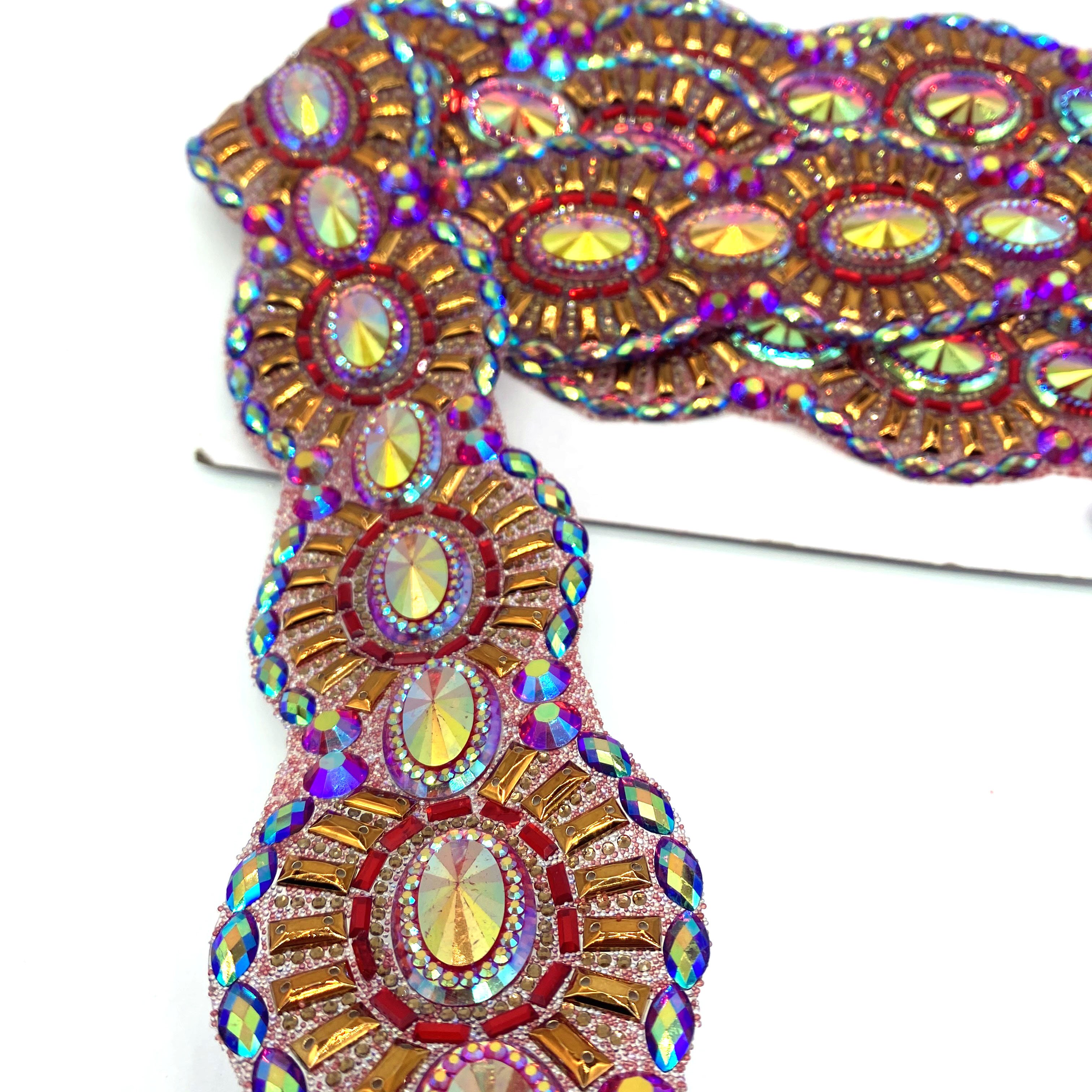 wholesale custom carnival dress belt Bar decoration large red AB Iron on hot fix rhinestone trimming for clothes accessories