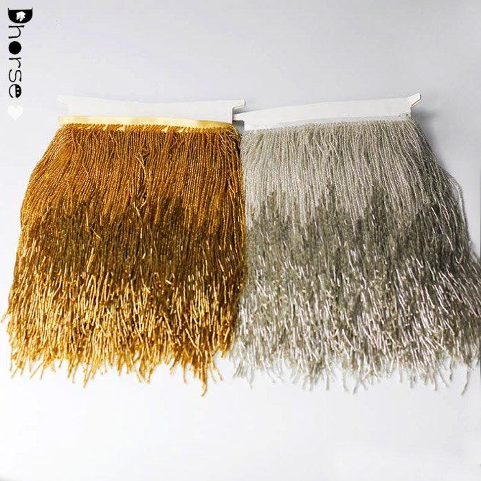 Hot sell 28cm long hand sew on gold and silver tassel fringe trim beaded