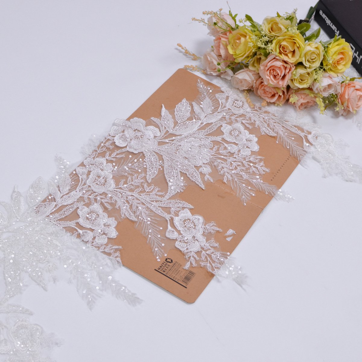 Wholesale Luxury Bridal Lace Appliqued Flower Sequins Beads Border Shiny Wedding Embroidery Flower Lace Trims