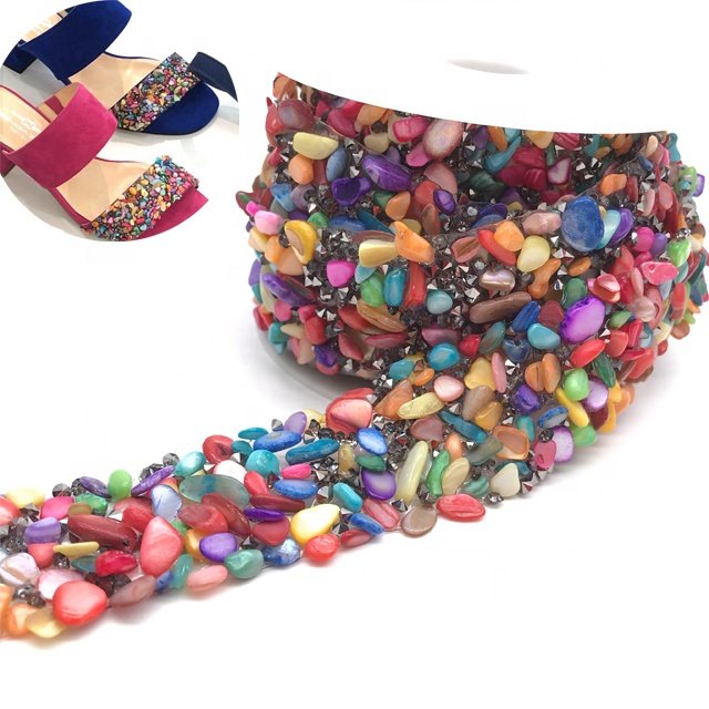 L205 3cm width fashion Multi color rhinestone beads trim hot fix colorful rhinestone stones chain trim for shoes