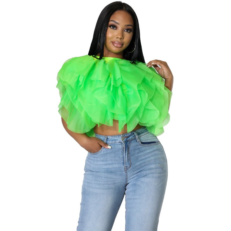 Plus size XXL falbala Ruffle Trim Round Neck Sleeveless Elegant Casual Women's Blouses Chiffon Mesh Patchwork