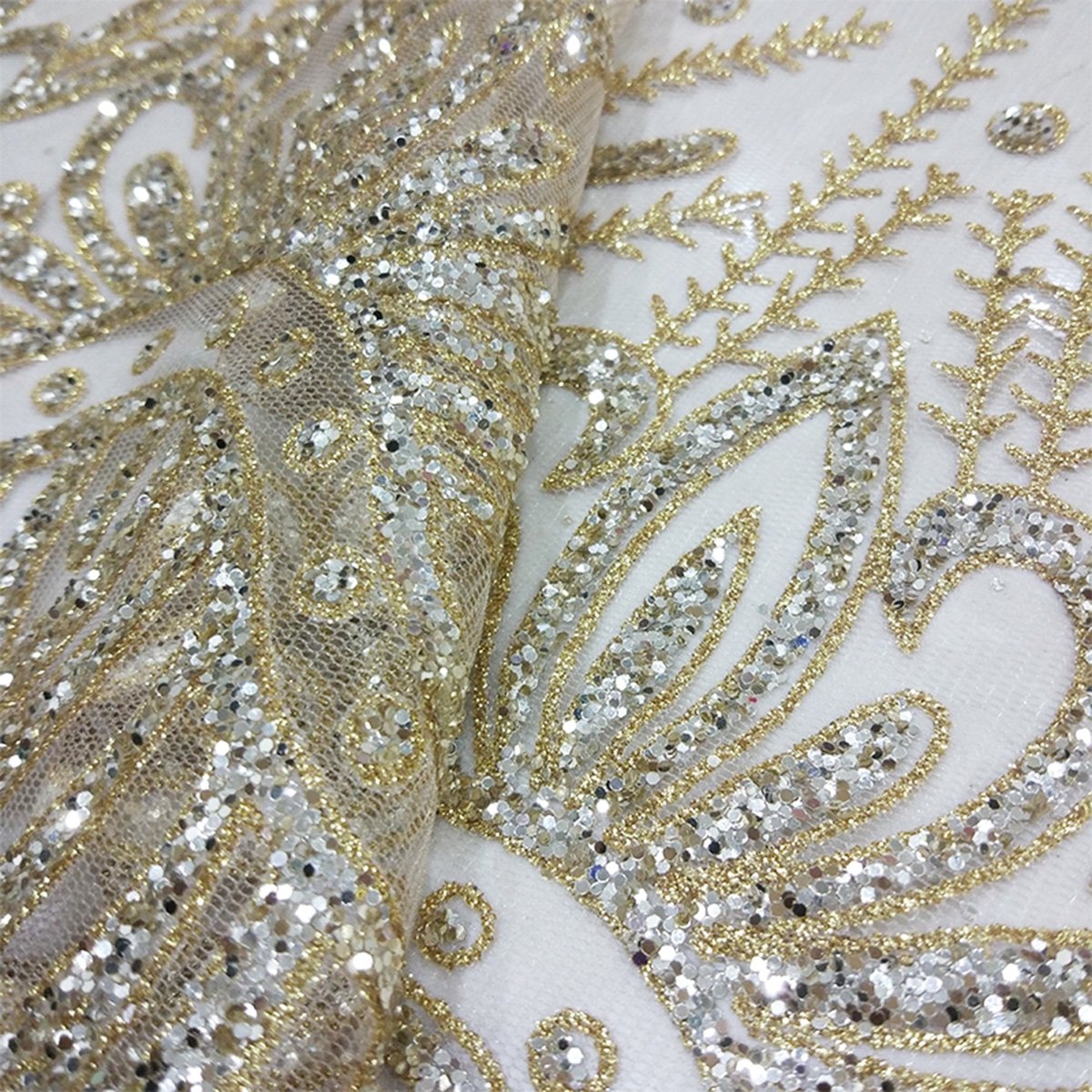 Wholesale Nigerian Champagne Gold Glitter Tulle Lace Fabric Sequin Online For Sparkle French Fashion Clothing Mesh Trim Material