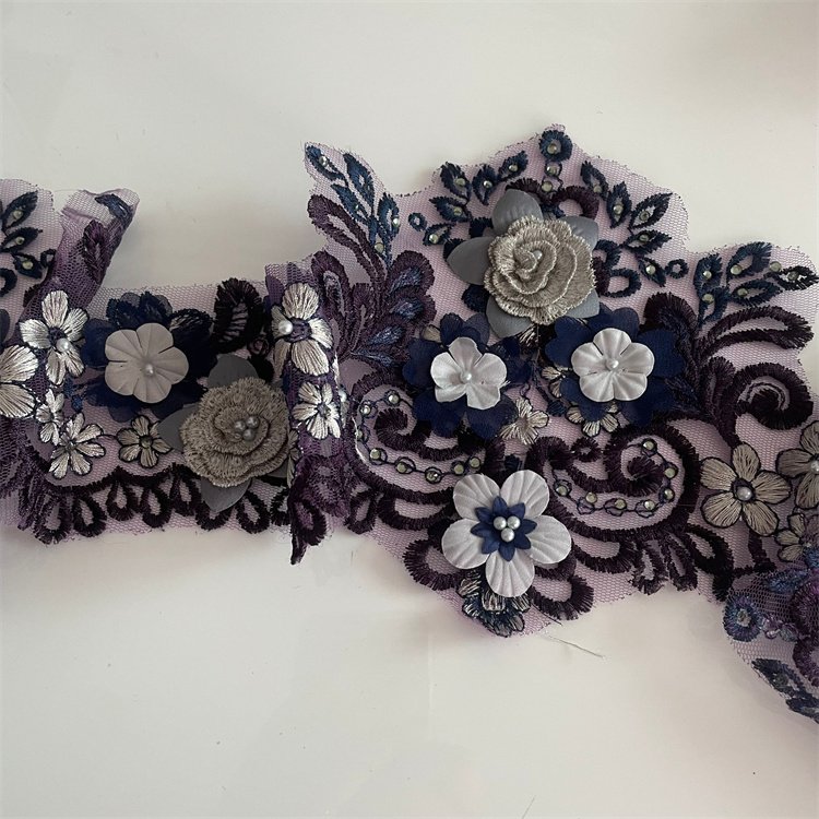 New Luxury Polyester 3D Flower Pearl Beaded Border Lace Trim