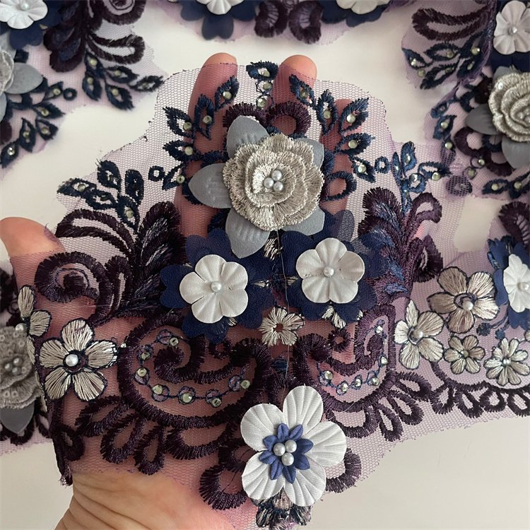 New Luxury Polyester 3D Flower Pearl Beaded Border Lace Trim