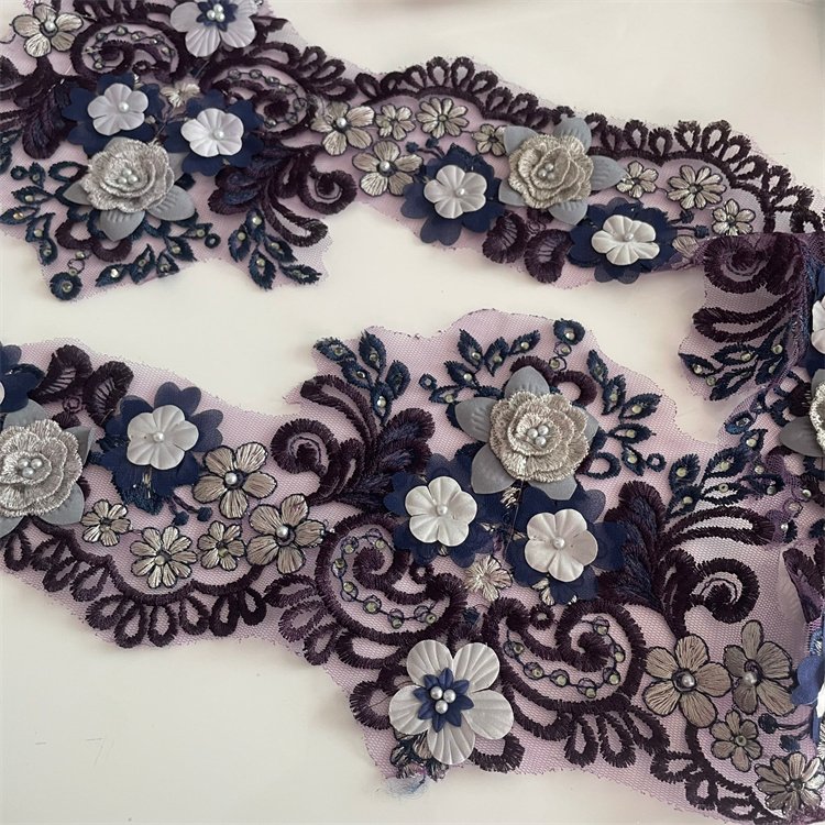 New Luxury Polyester 3D Flower Pearl Beaded Border Lace Trim