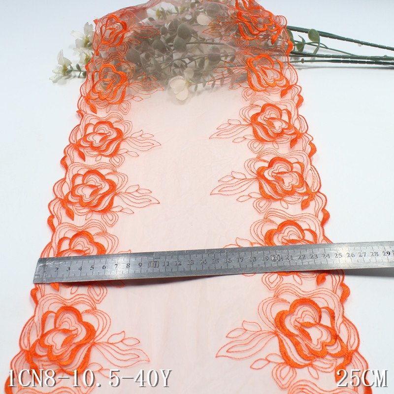 25cm Bright orange Soft Mesh fancy flower Embroidery Lace Trim Dress Accessories Lace Fabric Sewing lingerie Material
