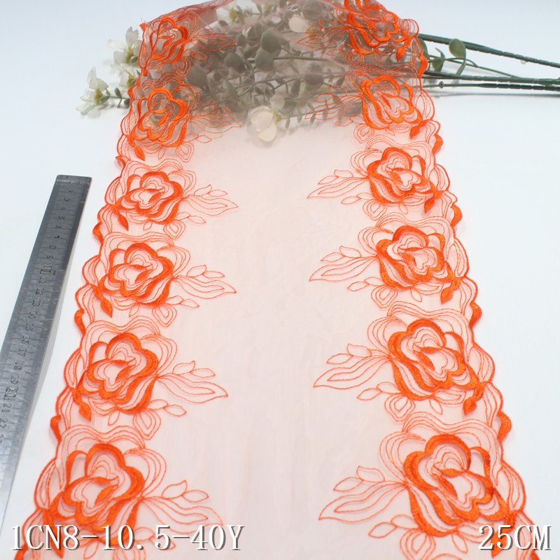 25cm Bright orange Soft Mesh fancy flower Embroidery Lace Trim Dress Accessories Lace Fabric Sewing lingerie Material