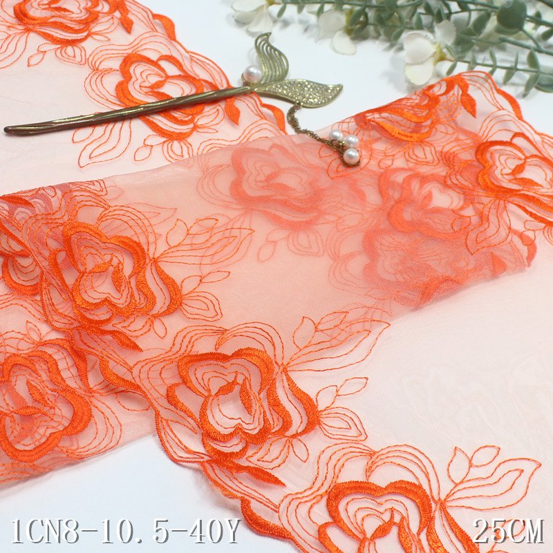 25cm Bright orange Soft Mesh fancy flower Embroidery Lace Trim Dress Accessories Lace Fabric Sewing lingerie Material