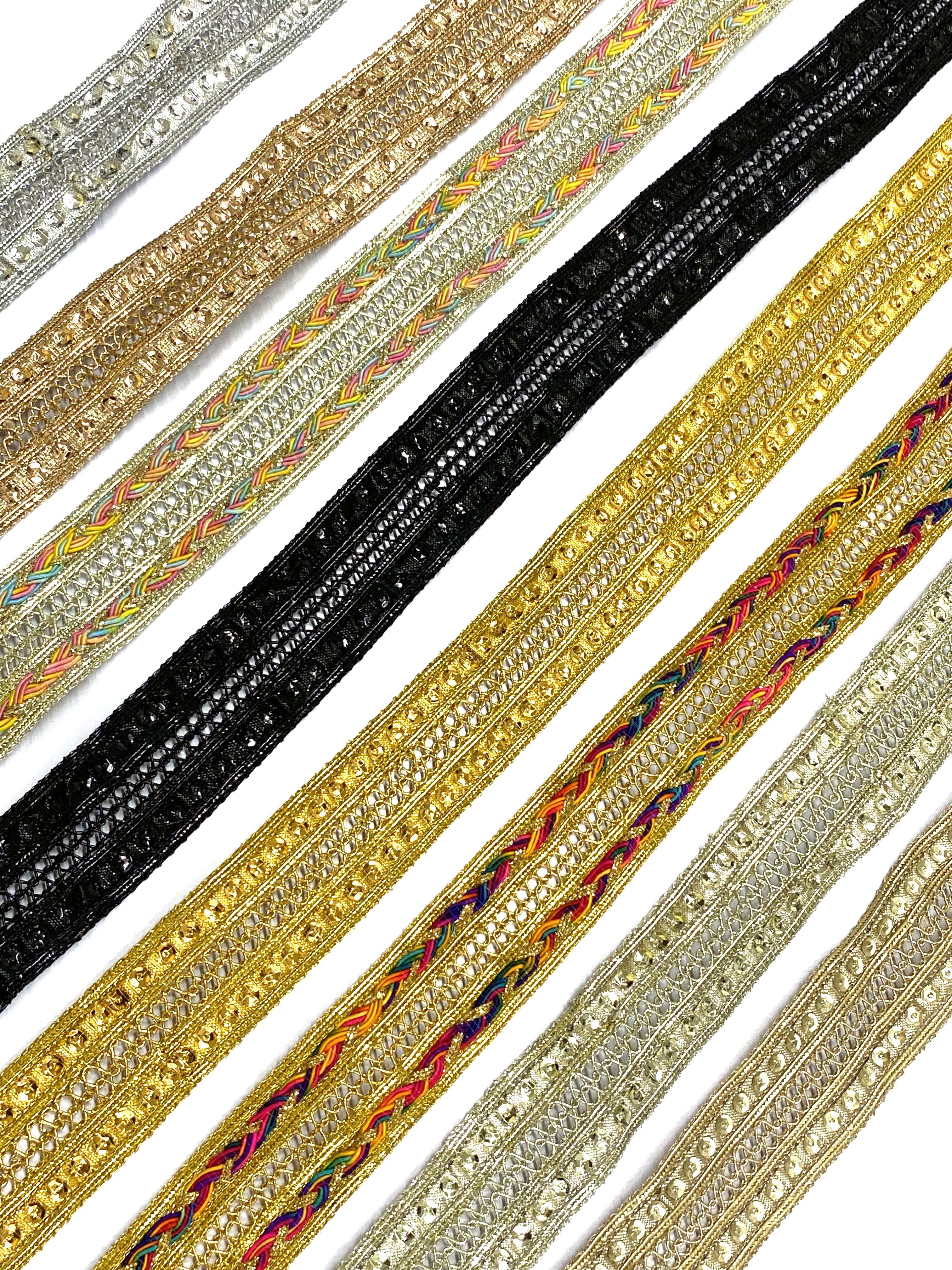 9m 27mm Wide Colored Trim Metallic Scrallop Scroll Lace with Rhinestone & Bead Decoration for Sewing Table Cloth Decor