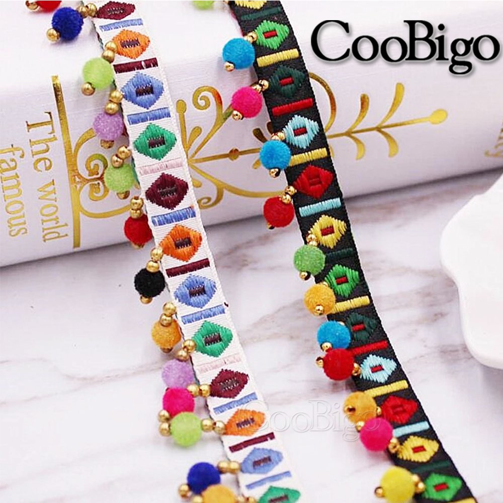 50Yards Ethnic Lace Trim Beaded Retro Tassel Fringe Lace Border Ribbon Pom Pom Ball Clothing Curtain Sewing DIY Decoration