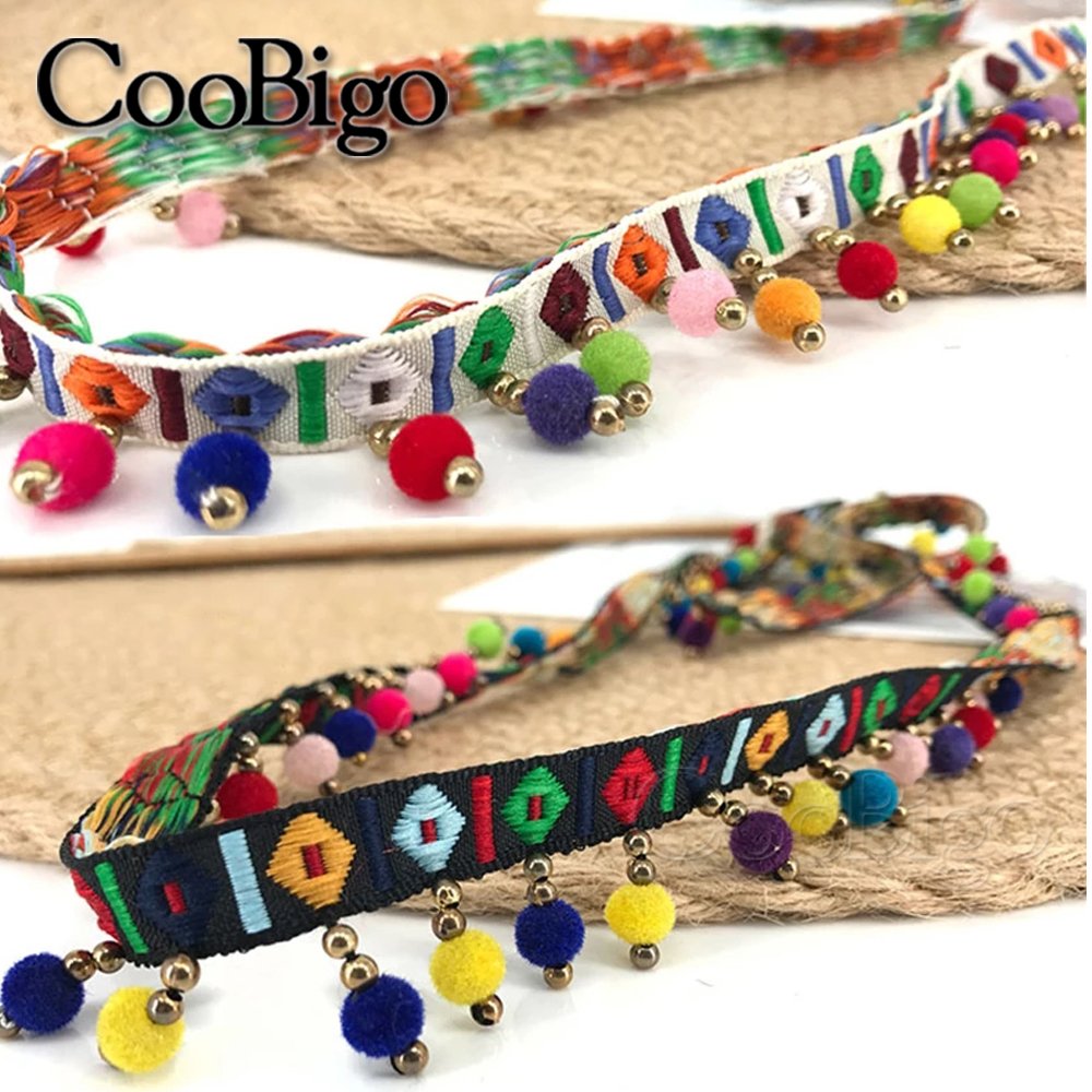 50Yards Ethnic Lace Trim Beaded Retro Tassel Fringe Lace Border Ribbon Pom Pom Ball Clothing Curtain Sewing DIY Decoration