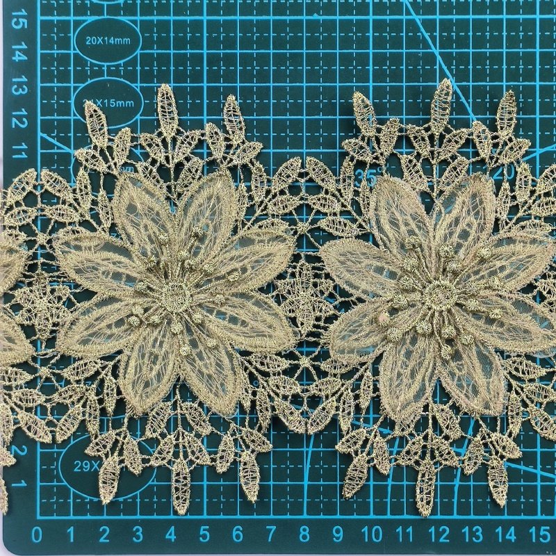 3D Golden Water-Soluble Floral lafaya Embroidery Lace Trim Metallic Organza Flower Fabric Clothing Curtain Decoration LT10