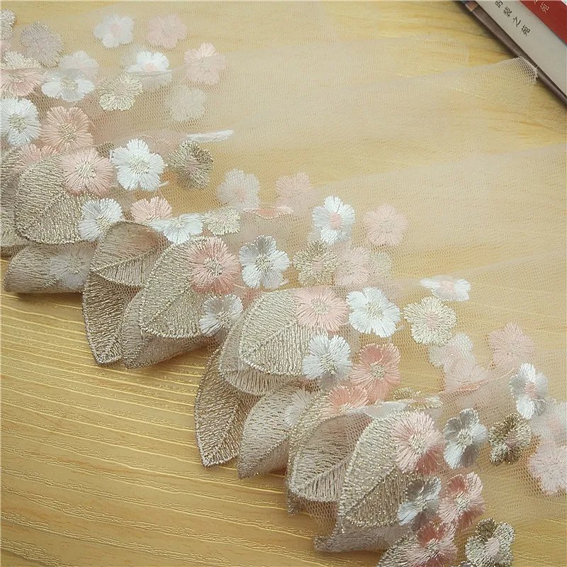 Party Wedding Dress Sewing Accessories 20CM Wide Luxury Gold Mesh Embroidered Leaf Flower Lace Fabric for Fringe Trimmings