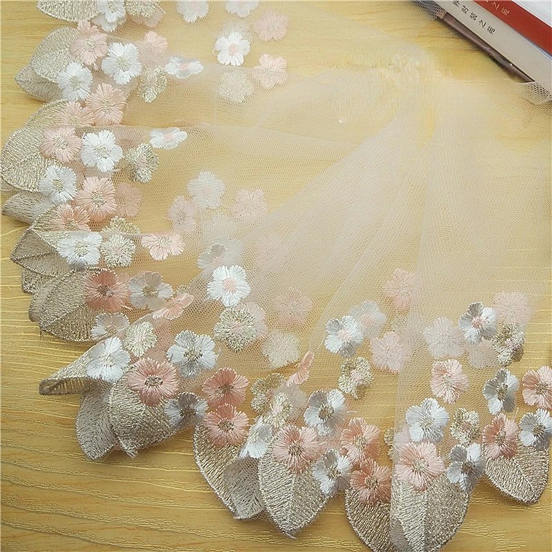 Party Wedding Dress Sewing Accessories 20CM Wide Luxury Gold Mesh Embroidered Leaf Flower Lace Fabric for Fringe Trimmings