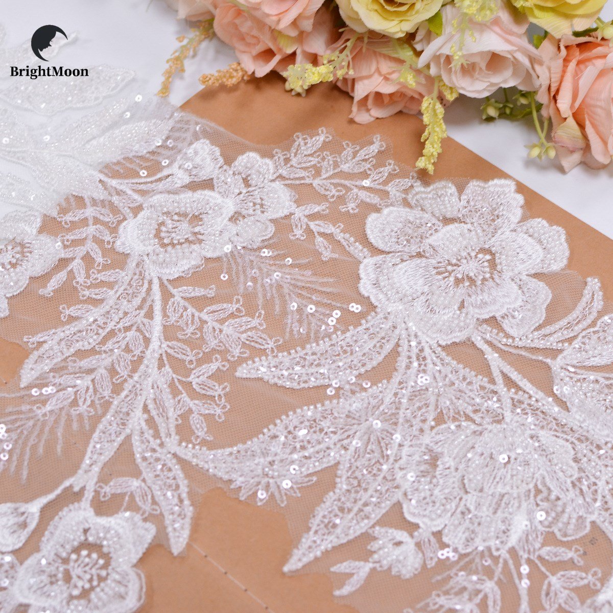 Wholesale high quality french bridal veil white flower embroidered lace trim with tulle net crystal sequins embroidery