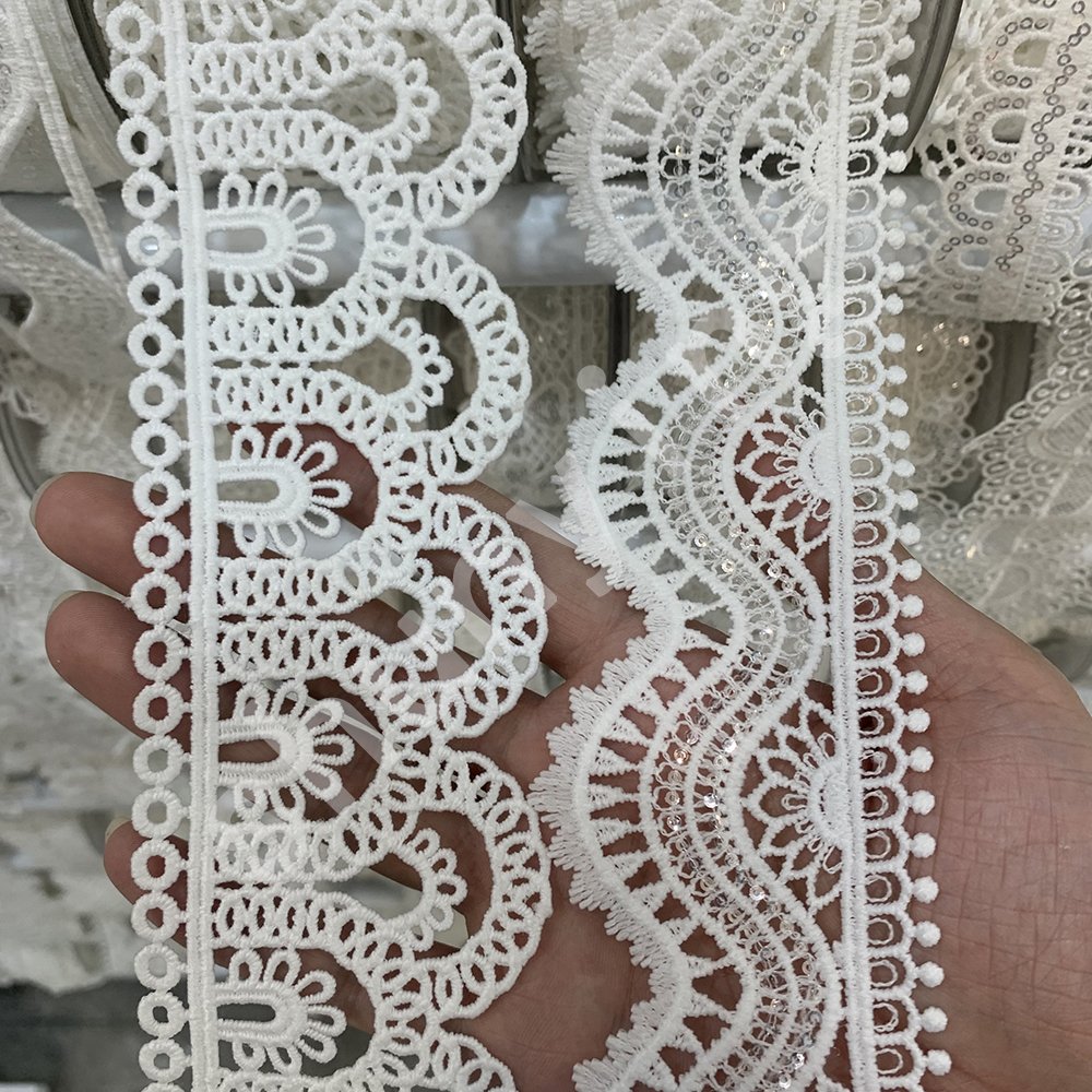 High Quality White Milk Shiny Luxury Sequin Embroidery Guipure Border Lace Trimming