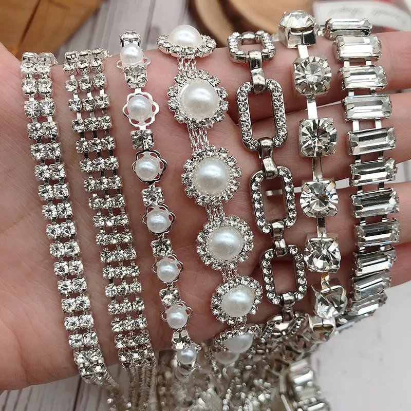 Metal Edge Silver rhinestone Chain fringe trim Embellishment for women clothing