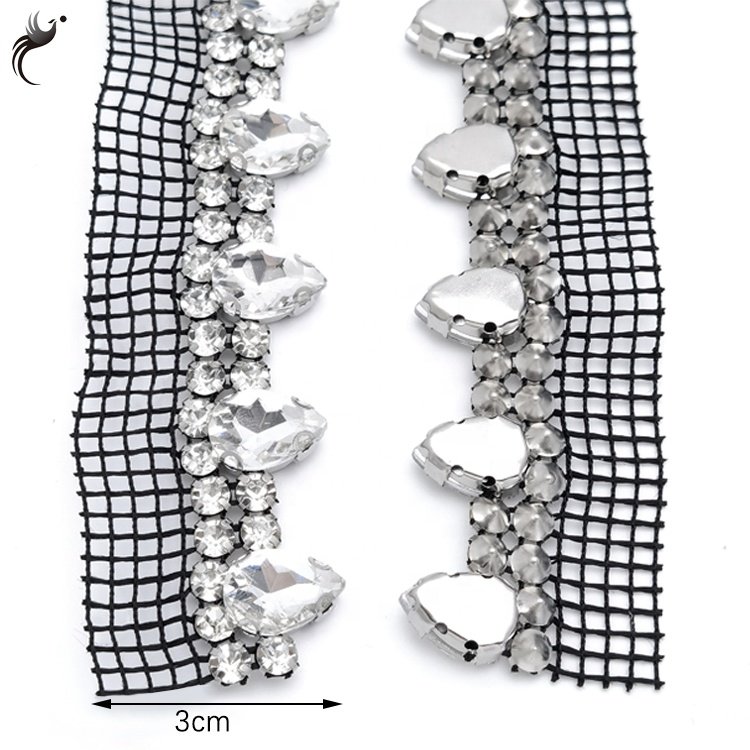 Cheap mesh drill single side double drain drop glass Crystal Shoe Trim glass rhinestone trim