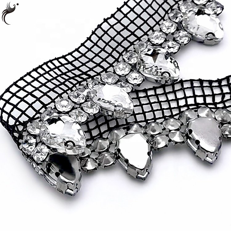 Cheap mesh drill single side double drain drop glass Crystal Shoe Trim glass rhinestone trim
