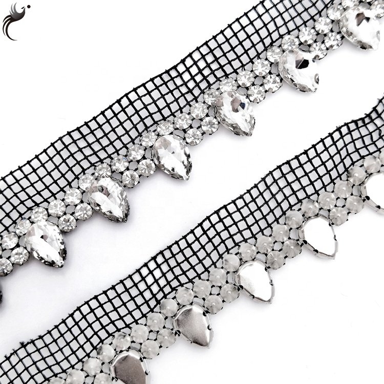 Cheap mesh drill single side double drain drop glass Crystal Shoe Trim glass rhinestone trim