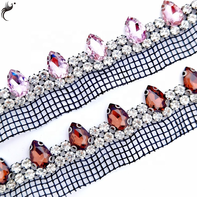 Cheap mesh drill single side double drain drop glass Crystal Shoe Trim glass rhinestone trim