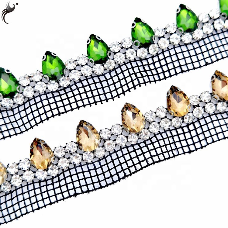 Cheap mesh drill single side double drain drop glass Crystal Shoe Trim glass rhinestone trim