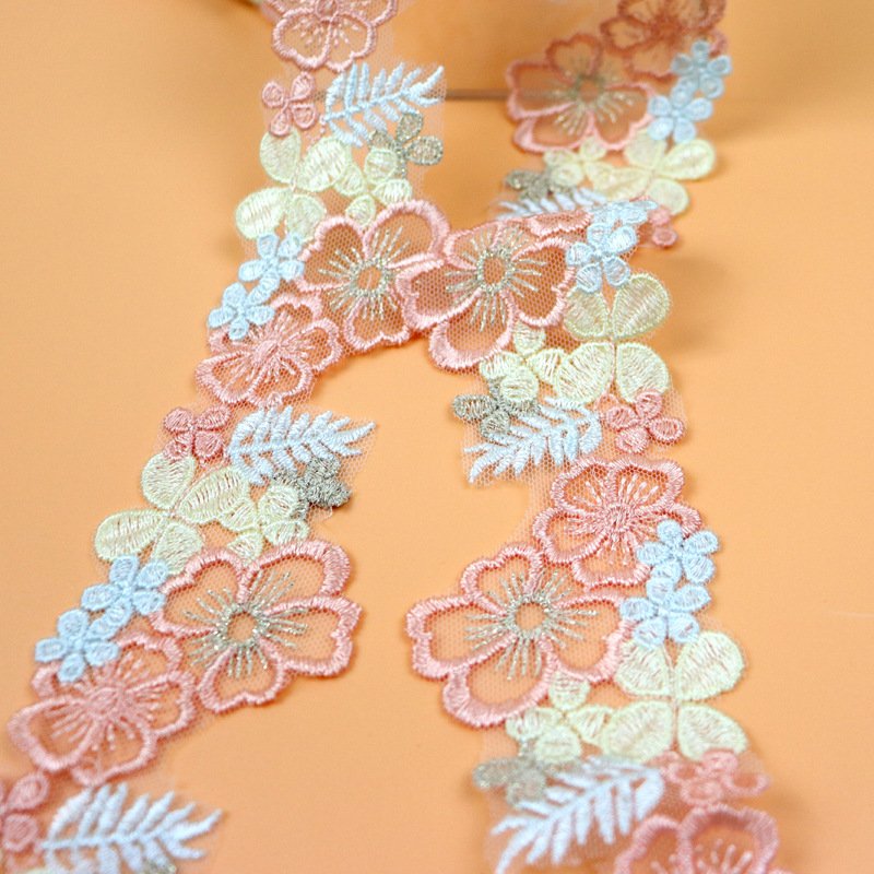 High Quality colorful flower 5cm embroidery water soluble Lace Trim Polyester tulle Lace ribbon Mesh Fabric for dress DL01