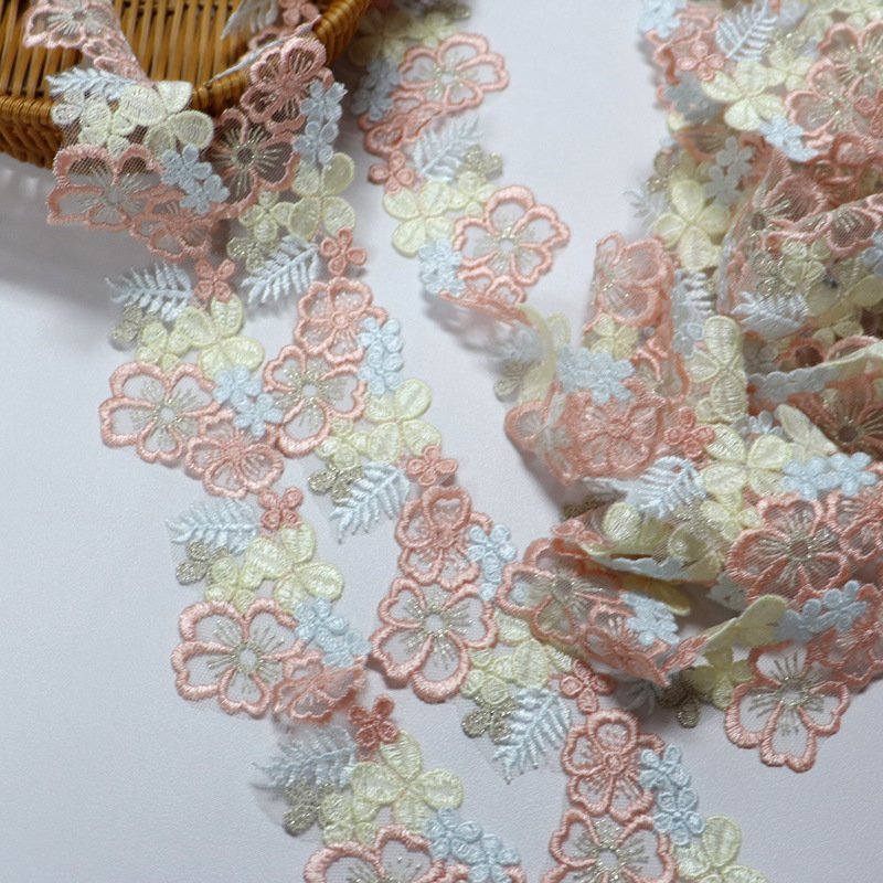 High Quality colorful flower 5cm embroidery water soluble Lace Trim Polyester tulle Lace ribbon Mesh Fabric for dress DL01